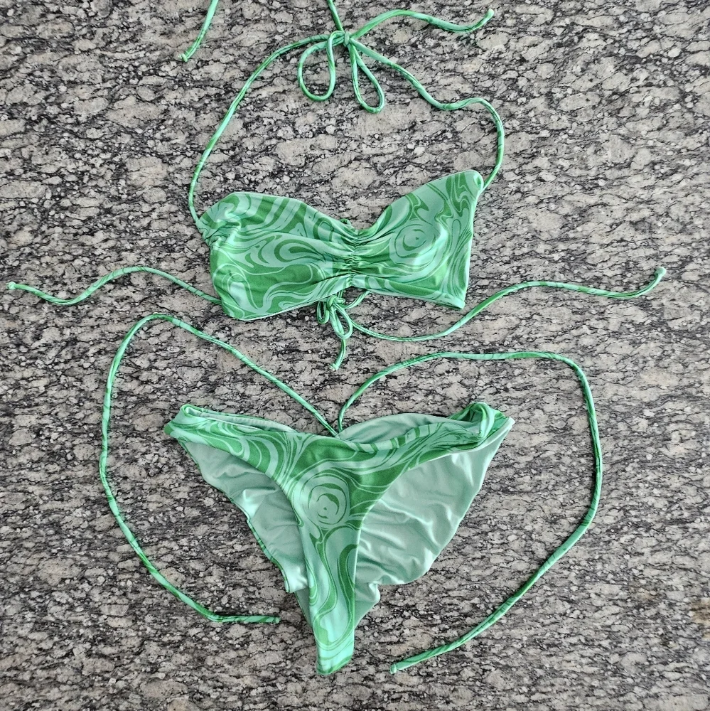 Frankie's Bikinis Naomi Foxy Satin Cheeky Green Camouflage Two Piece - Picture 9 of 12